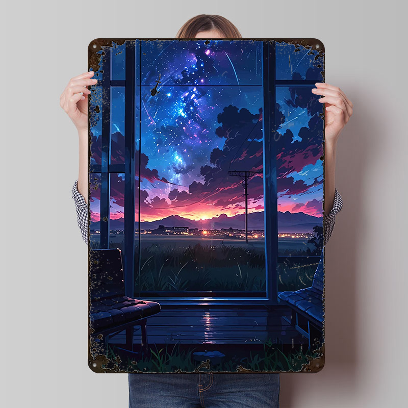 Custom Night Sky - โปสเตอร์ภาพพิมพ์วิวหน้าต่างอนิเมะที่เต็มไปด้วยดวงดาว งานศิลปะติดผนังสไตล์เรโทรแบบกำหนดเอง ป้ายโลหะวินเทจสำหรับตกแต่งบ้านสุดหรู