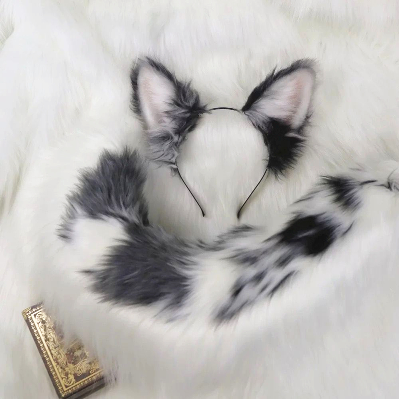 Pet Portrait Custom - ที่คาดผมหูสุนัขบอร์เดอร์คอลลี่สำหรับฮาโลวีน พร้อมหาง สีเทา ดำ ขาว สำหรับคอสเพลย์อนิเมะ
