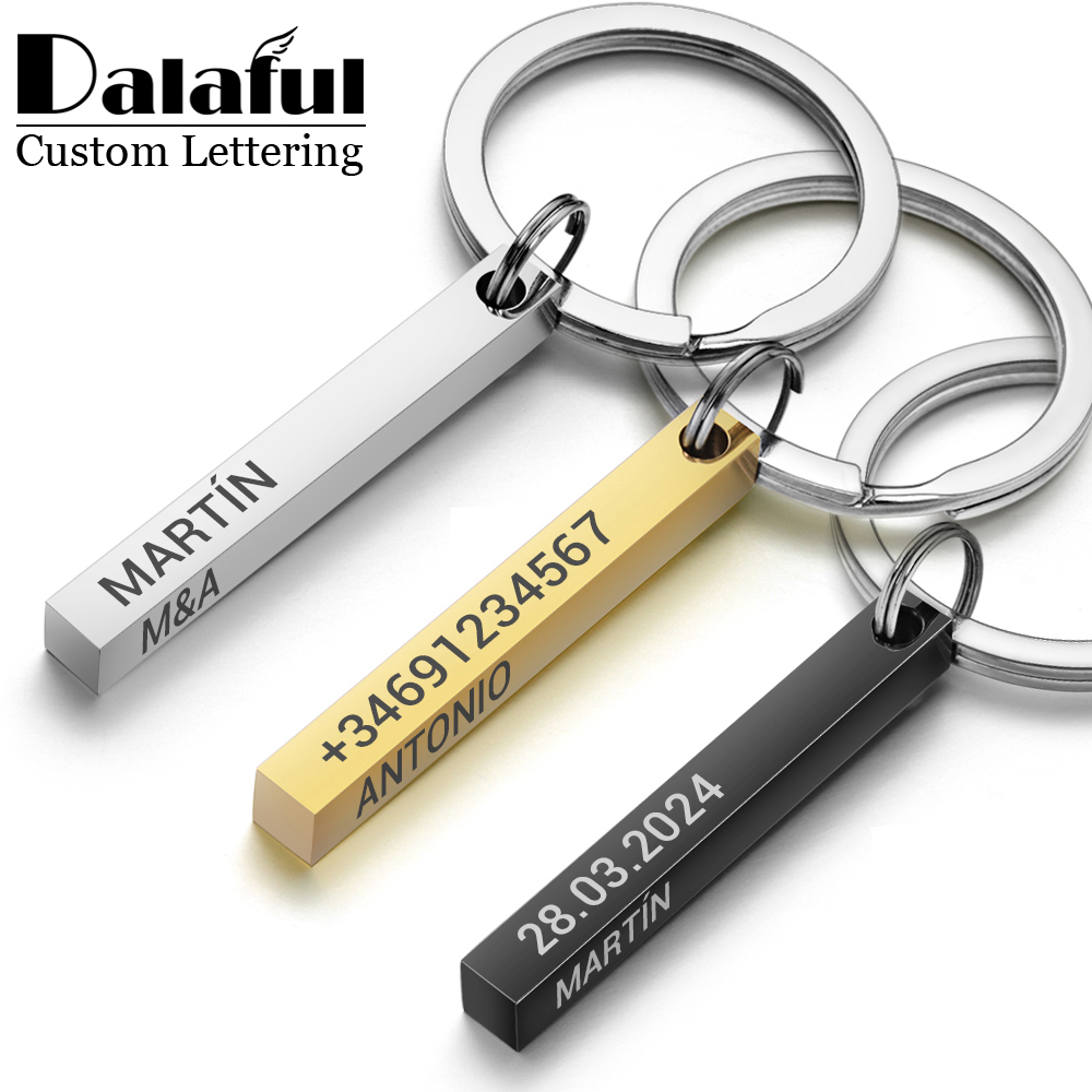 Initial Ring Custom - สแตนเลสสตีลส่วนบุคคลพวงกุญแจ 3D Bar Keyrings แกะสลักข้อความชื่อวันที่ Custom
