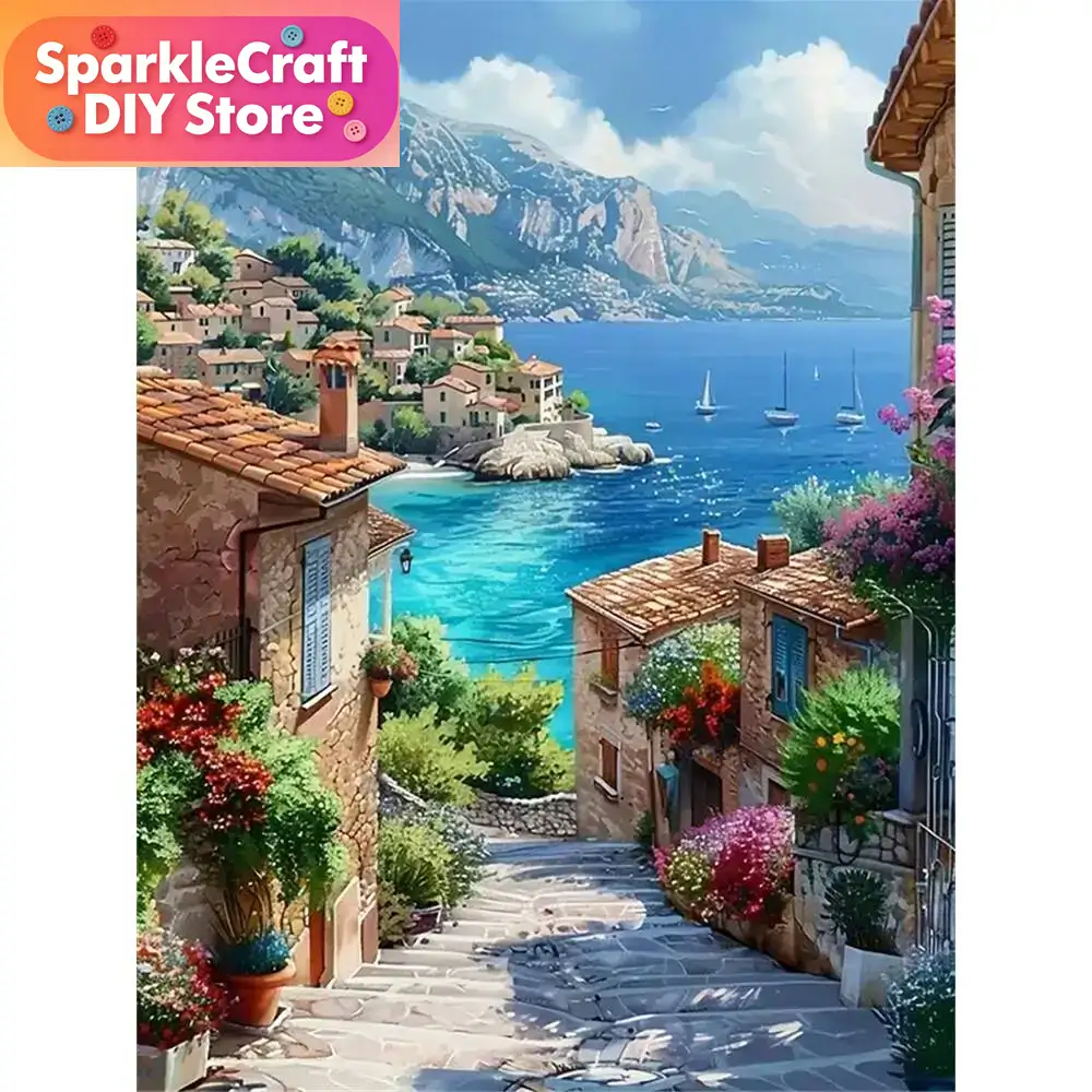 Photo Mosaic Print - ภาพวาดเพชรไร้กรอบ 1 ชิ้น ภาพทิวทัศน์เมืองริมทะเล งานฝีมือ DIY