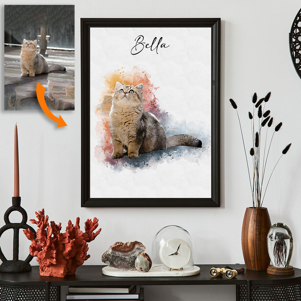 Pet Portrait Custom - ภาพสัตว์เลี้ยงที่กําหนดเองจากภาพถ่าย - พิมพ์ผ้าใบอนุสรณ์แมวสุนัขส่วนบุคคล - ของขวัญศิลปะผนังสะพานสายรุ้งสไตล์สีน้ํา