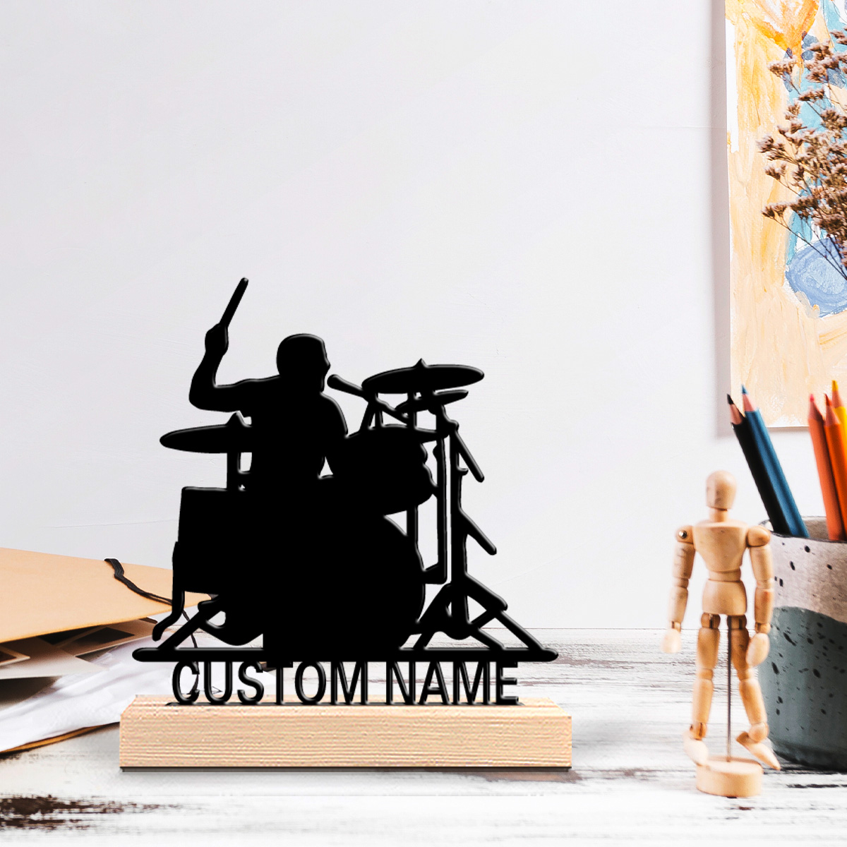 Engraved Wood Frame - รูปปั้นโลหะนักดนตรีกลองและกลองชุด 1 ชิ้น ดีไซน์สวยงาม สามารถปรับแต่งได้ พร้อมฐานไม้
