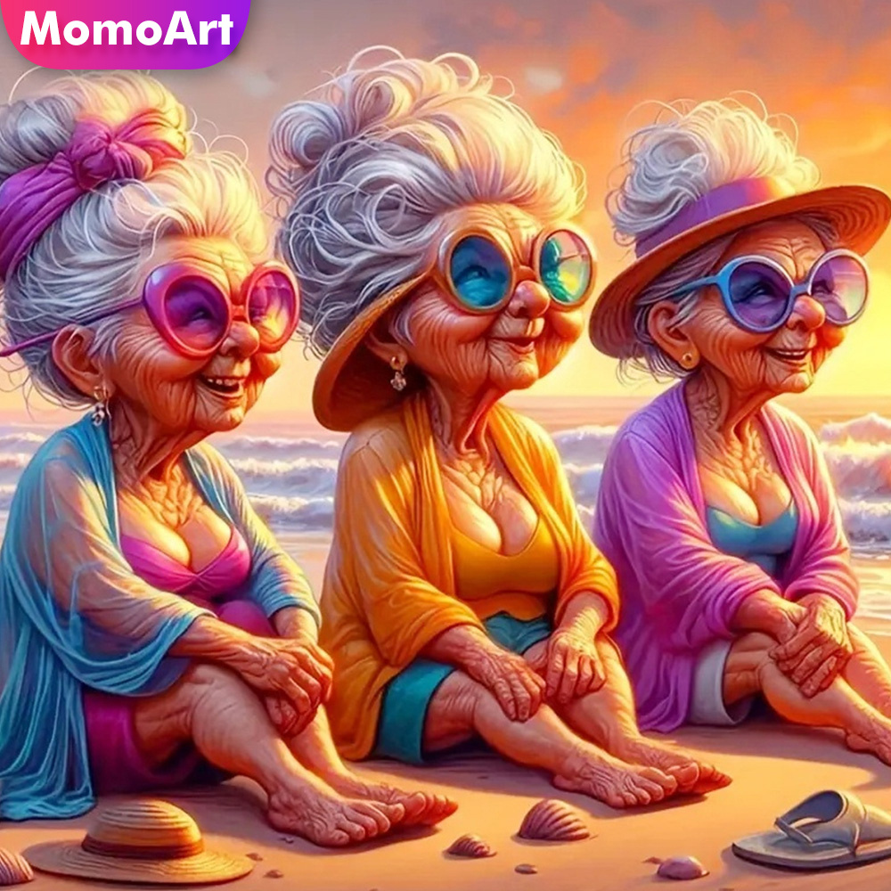 Photo Mosaic Print - Momoart เพชรภาพวาด Old Lady ผู้หญิงชุดเย็บปักถักร้อยภาพริมทะเลยายโมเสค 5D