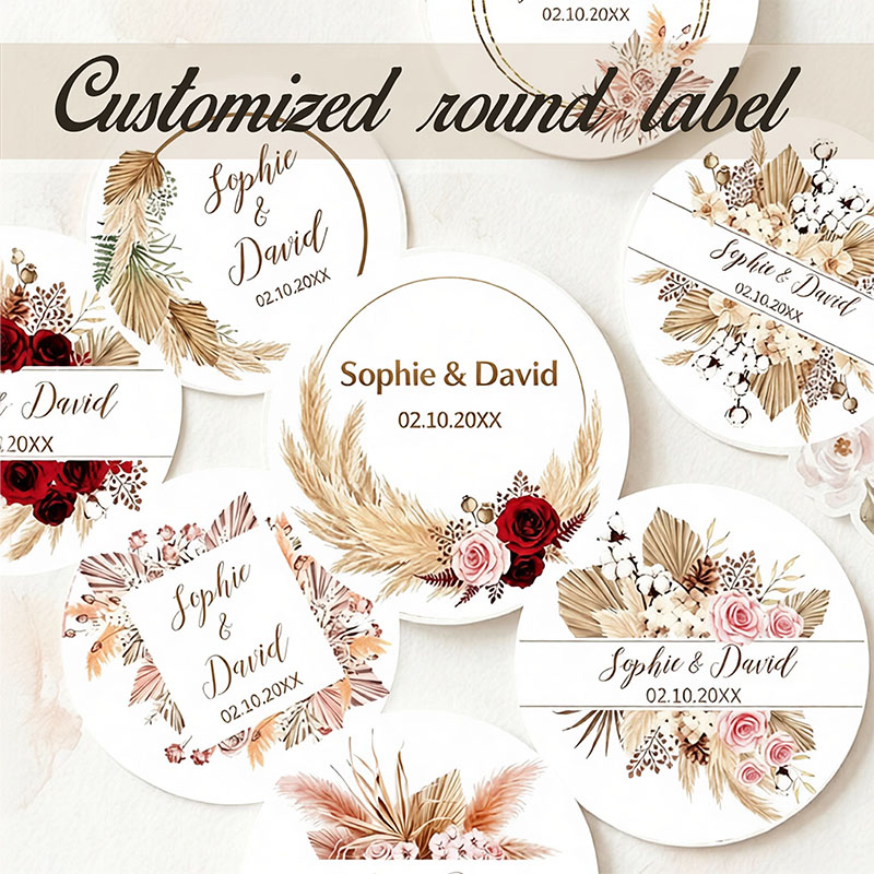 Personalized Name Box - สติกเกอร์งานแต่งงานลายพัดปาปาสแห้งสไตล์โบโฮแบบส่วนตัว พร้อมชื่อและวันที่ที่กำหนดเอง สีชมพูอมแดง กล่องของขวัญสีแดงอมม่วง สติกเกอร์งานแต่งงาน