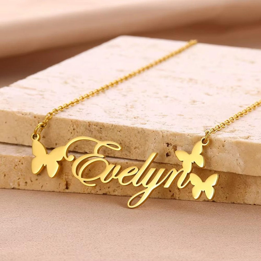 Birth Flower Necklace - สร้อยคอชื่อสั่งทำ เครื่องประดับส่วนตัว สร้อยคอสแตนเลสพร้อมจี้รูปผีเสื้อ สำหรับผู้หญิง เด็ก และทารก