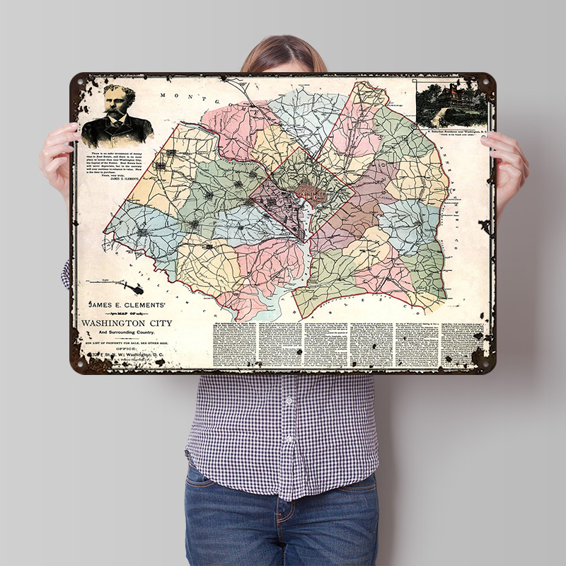 Custom Map Poster - แผนที่เมืองวอชิงตัน โปสเตอร์พิมพ์ลาย ศิลปะติดผนังสไตล์เรโทร ป้ายโลหะวินเทจ สำหรับตกแต่งบ้าน ห้องนอน