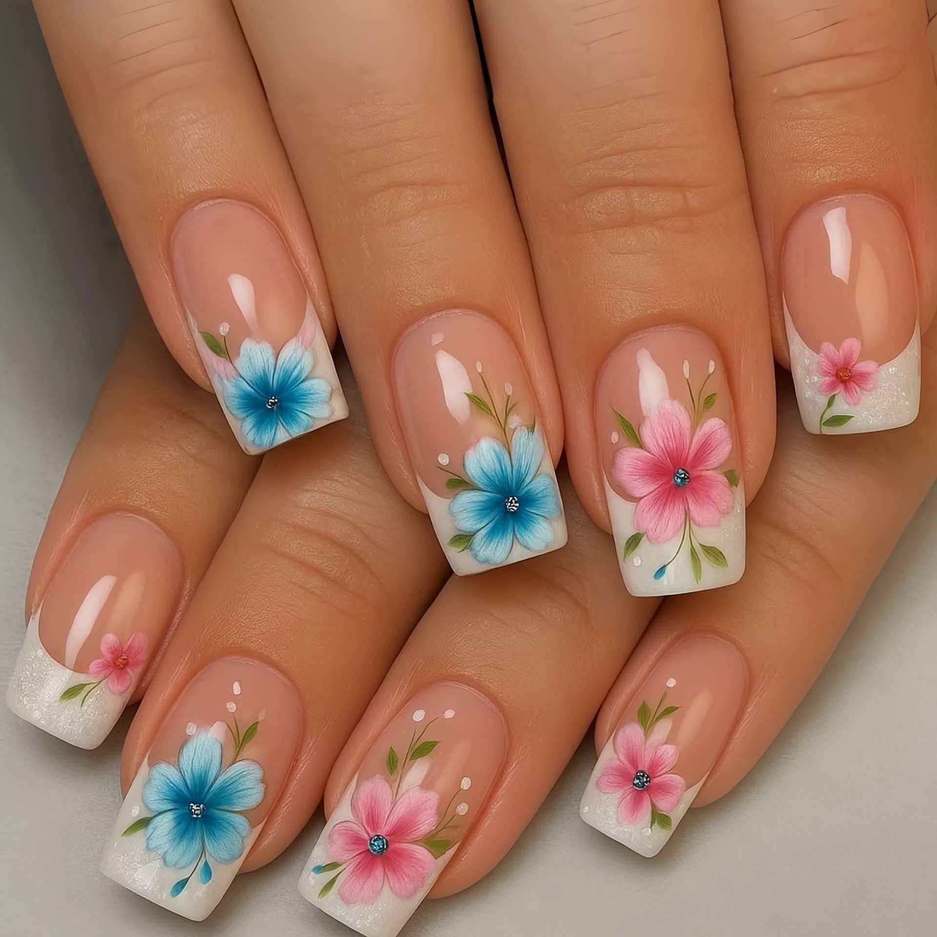 Pressed Flower Art - เล็บปลอมแบบสั้น-กลางสำหรับผู้หญิง สีนู้ดขาว ปลายเล็บลายดอกไม้สีฟ้าชมพู รูปทรงสี่เหลี่ยม ปิดเต็มเล็บ ชุดเล็บปลอมแบบกดติด
