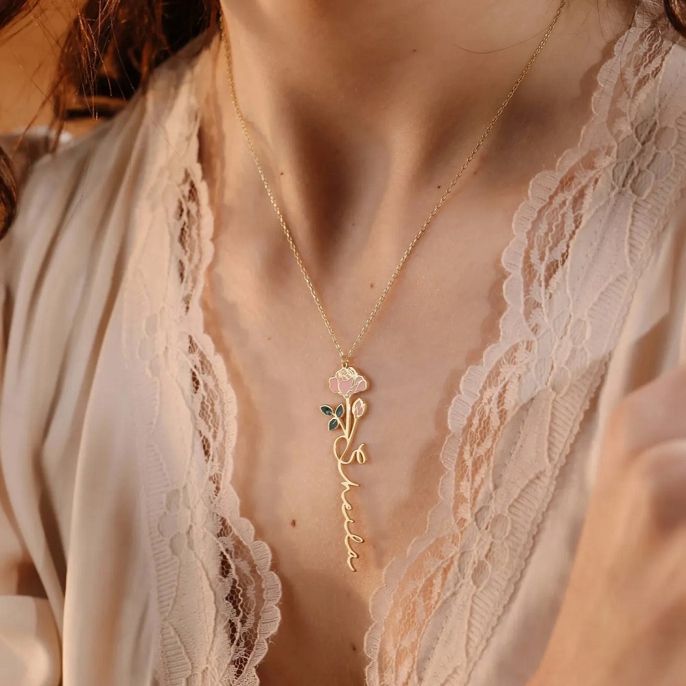 Birth Flower Necklace - ส่วนบุคคลชื่อสร้อยคอ Birth ดอกไม้ที่กําหนดเองดอกไม้ป้ายจี้ที่กําหนดเอง Minimalist Gold Plate