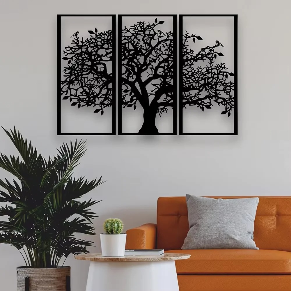 Family Tree Print - 3 ชิ้น งานศิลปะติดผนังโลหะรูปต้นไม้แห่งครอบครัว – ศิลปะเหล็กต้นไม้แห่งชีวิต งานศิลปะติดผนัง