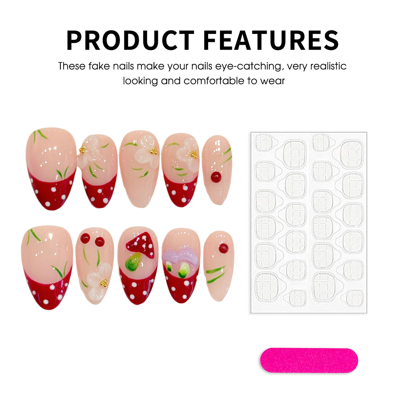 เล็บปลอมลายจุดสีแดงขาว 10 ชิ้น - Pressed Flower Art บทวิจารณ์และราคา