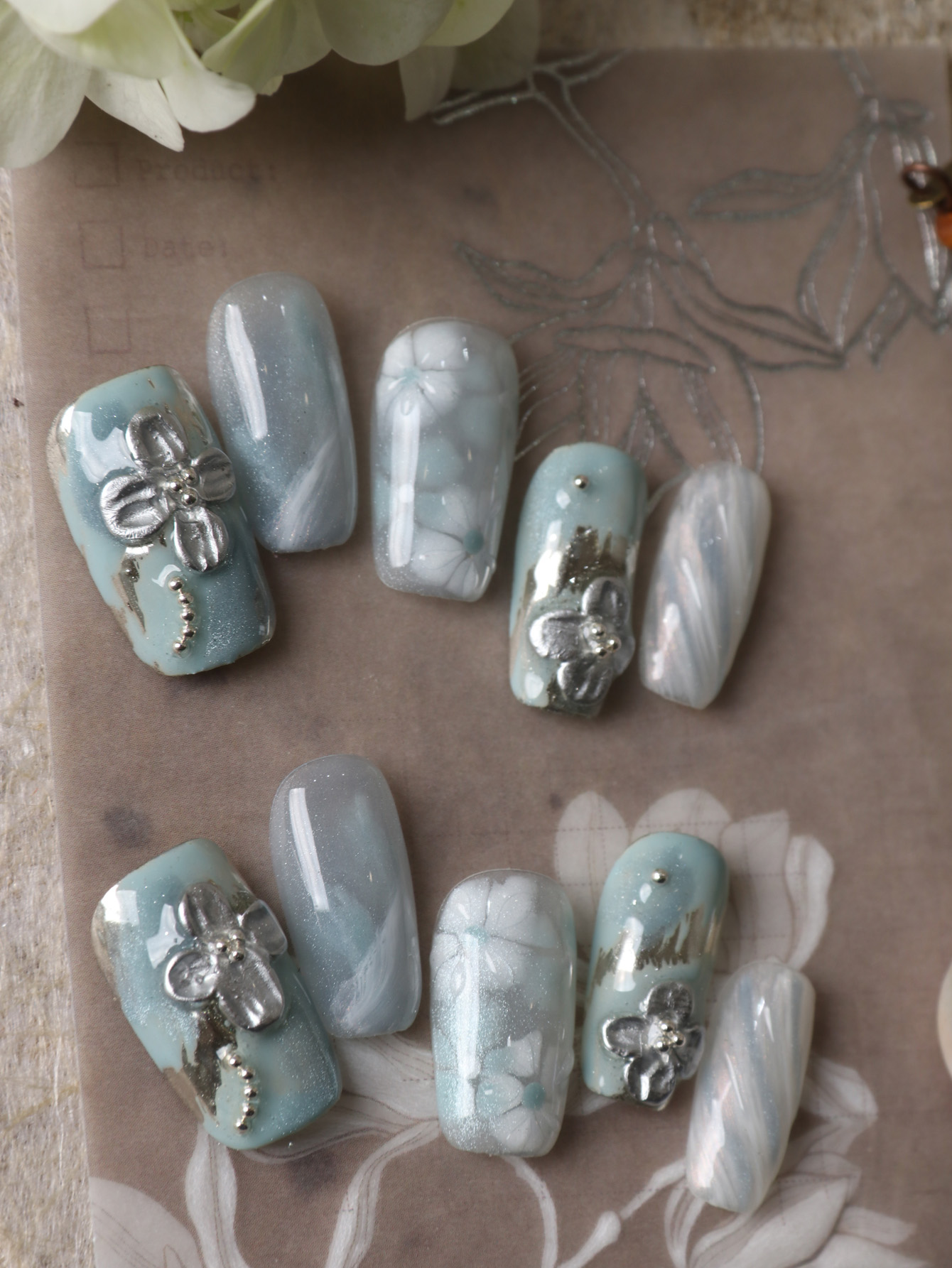 เล็บปลอมแบบกดติด 10 ชิ้น สีฟ้า - Pressed Flower Art บทวิจารณ์และราคา