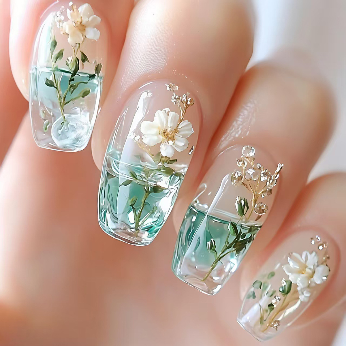 เล็บปลอมขนาดกลางสำหรับผู้หญิงแ - Pressed Flower Art บทวิจารณ์และราคา